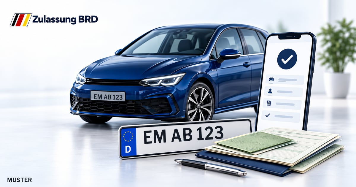 Online Fahrzeugzulassung in Emmendingen: Musterkennzeichen EM AB 123, Auto und Fahrzeugpapiere und Smartphone. Illustration mit Logo von Zulassung BRD.